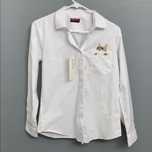 Cat embroidered button down shirt for women